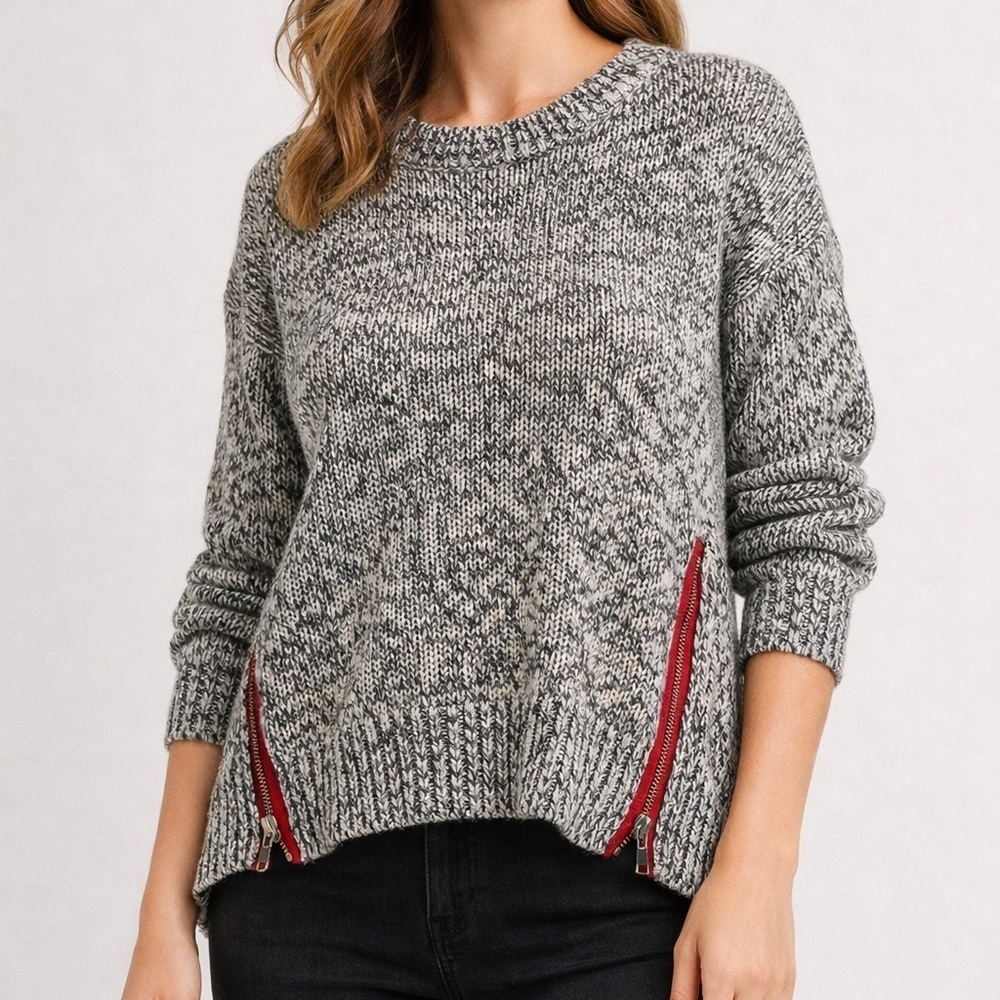 Retrod Gray Marled Knit Sweater Red Zip High Low Hem Small
